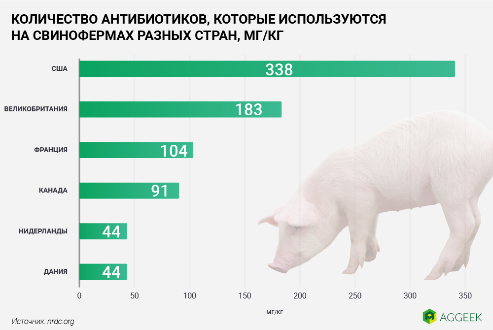 В США на свинофермах используется в 7 раз больше антибиотиков, чем в Нидерландах или Дании